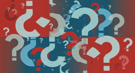 Colorful question marks, geometric pattern, red and blue stripes, graphic design, mystery concept, interrogative symbols, bold colors, repeating elements, abstract background, typography, curiosity th