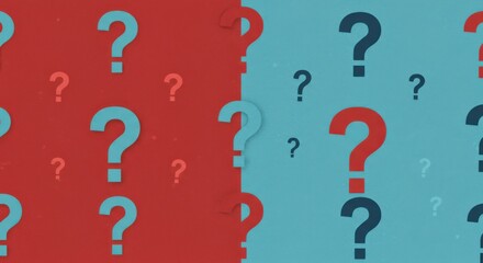 Colorful question marks, geometric pattern, red and blue stripes, graphic design, mystery concept, interrogative symbols, bold colors, repeating elements, abstract background, typography, curiosity th