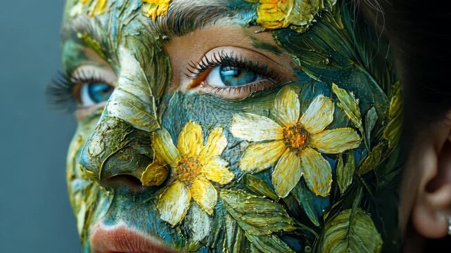 Closeup of artistic face painting with floral patterns and expressive eyes