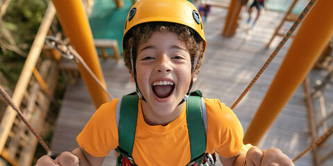 Boy on High Ropes Course Wearing Safety Helmet and Harness