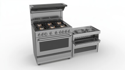 Gas stove with oven and cooker hood in front view isolated on white background. Vector realistic set of metal range hood and top view of kitchen cooktop with lit and off burners