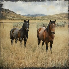 Two Horses in a Dry Grass Field, Mountain Range Background