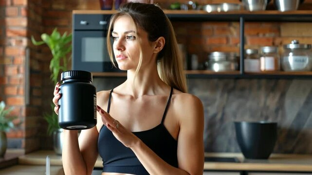 Female bodybuilder stands in the kitchen and holding a black jar of protein powder or gainer in her hand. Concept of sports nutrition for athletes.