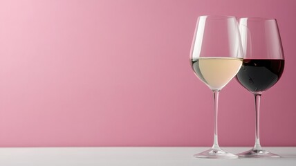 Two glasses of wine, one white and red, against pink background