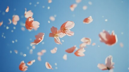 Delicate cherry blossoms dance in a clear blue sky, capturing a fleeting moment of beauty and hope as petals float freely with the breeze.