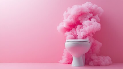 Pink toilet with pink smoke behind it in room