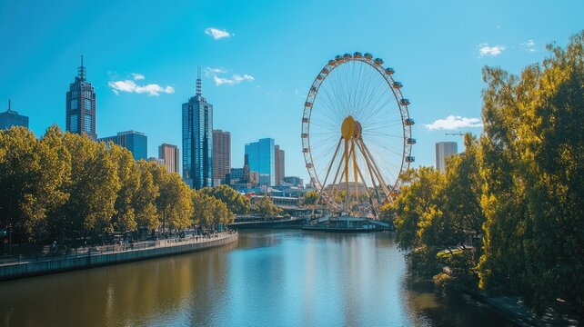 Urban landscape with Ferris wheel by river under blue sky