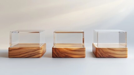 Glass showcases, display, exhibit stand, transparent boxes front view on white wood or plastic base. Crystal block, exhibition or award podium, isolated glossy object, Realistic 3d vector illustration