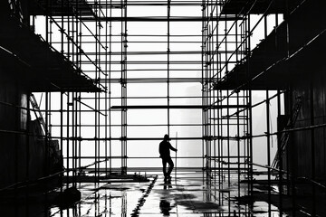 Construction worker managing complex scaffold installation, precise safety protocols