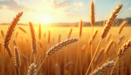 Fototapeta premium Golden wheat field at sunset. Organic wheat ears sway gently in wind. Sunlight illuminates field creating warm golden color. Natural beauty. Peaceful scene. Abundant harvest. Summer day. Rural