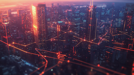 Fototapeta premium Smart digital Innovation city with connection network reciprocity over the twilight cityscape. of future smart wireless digital city and social media networking systems that connects people with city