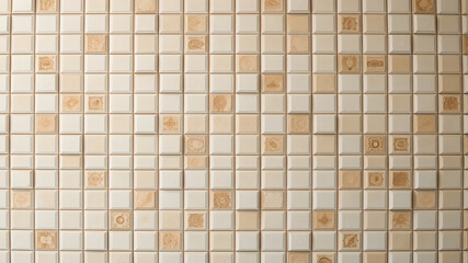 a wall of beige-gray tiles with a pattern