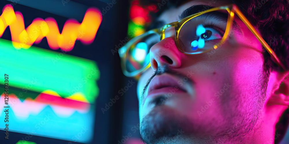 Poster man viewing data graphs on screen