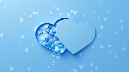 Blue opened heart-shaped box with blue hearts inside on a blue background with confetti. Valentine's day romantic concept. 3d render illustration