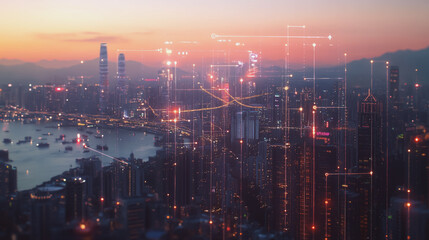 Fototapeta premium Smart digital Innovation city with connection network reciprocity over the twilight cityscape. of future smart wireless digital city and social media networking systems that connects people with city