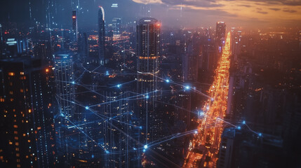 Fototapeta premium Smart digital Innovation city with connection network reciprocity over the twilight cityscape. of future smart wireless digital city and social media networking systems that connects people with city