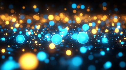 A luminous abstract composition featuring glowing blue and yellow orbs of light scattered across a dark background, creating a sense of depth and motion