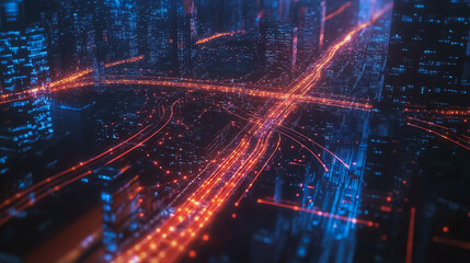 Fototapeta premium Smart digital Innovation city with connection network reciprocity over the twilight cityscape. of future smart wireless digital city and social media networking systems that connects people with city