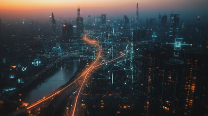 Naklejka premium Smart digital Innovation city with connection network reciprocity over the twilight cityscape. of future smart wireless digital city and social media networking systems that connects people with city