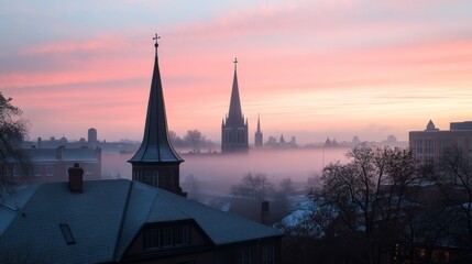 Naklejka premium Gothic church spires rise above rooftops under a pastel-colored sky with gentle mist, embodying serene beauty at dawn in a quaint town.