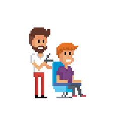 Male Hairdresser stylist at work pixel art icon. Design for logo, web, mobile app, sticker, badges and patches. Video game sprite. 8-bit. Isolated vector illustration.
