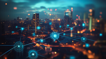 Obraz premium Smart digital Innovation city with connection network reciprocity over the twilight cityscape. of future smart wireless digital city and social media networking systems that connects people with city