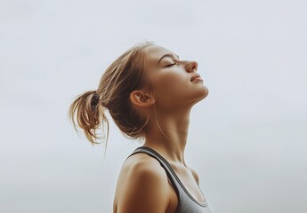 Young woman in sportswear, breathing deeply with eyes closed against a clear sky background.