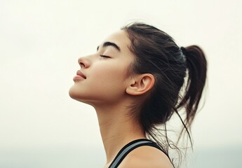 Fototapeta premium Young woman in sportswear, breathing deeply with eyes closed against a clear sky background.