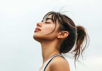 Fototapeta premium Young woman in sportswear, breathing deeply with eyes closed against a clear sky background.
