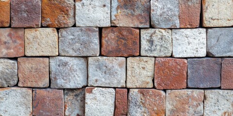Obraz premium Textured Wall of Various Colored Bricks Displaying Unique Patterns and Artistic Details