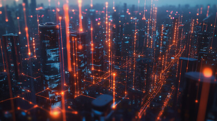 Fototapeta premium Smart digital Innovation city with connection network reciprocity over the twilight cityscape. of future smart wireless digital city and social media networking systems that connects people with city