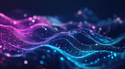Fototapeta premium A futuristic presentation background featuring a dark navy blue gradient with glowing neon lines in shades of purple and teal, creating a high-tech vibe