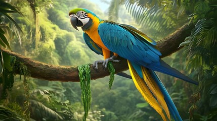 Obraz premium Blue Gold Macaw Perched On Jungle Branch