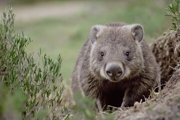 Obraz premium A wombat emerging from its burrow, nose twitching curiously, amid a backdrop of bushy undergrowth.