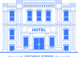 Hotel building line art illustration. Resort facade icon with entrance on white background. One color blue outline isolated graphic. Old vintage architecture. Infographic with editable stroke.