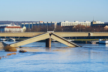 The collapsed "Carolabrücke" in Dresden. It is a road bridge over the river Elbe and collapsed in September 2024.