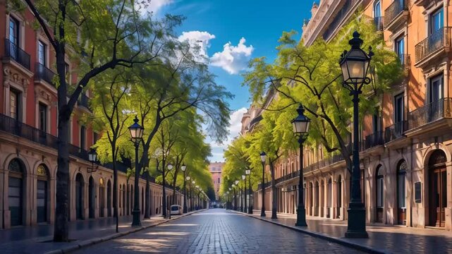 beautiful empty street inв Spain city Madrid , sunny summer day