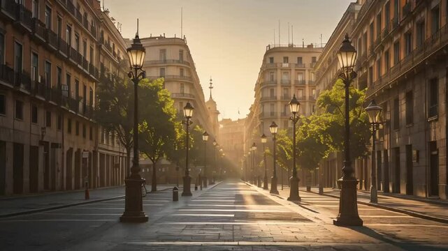 beautiful empty street inв Spain city Madrid , sunny summer day