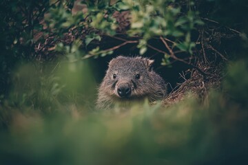 A wombat emerging from its burrow, nose twitching curiously, amid a backdrop of bushy undergrowth.