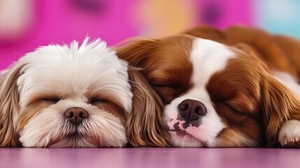 Two adorable sleeping dogs on pink background