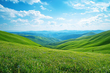Fototapeta premium Expansive highland meadow with rolling green hills and endless valleys under a bright blue sky