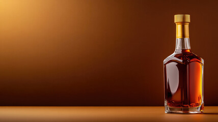Bottle of amber-colored liquid on brown background