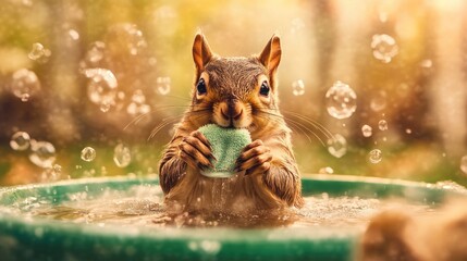 Obraz premium Squirrel enjoying bath with soap in sunny outdoor setting