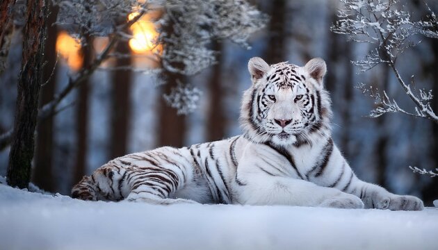 majestic white tiger resting in snowy forest showcasing its striking fur and intense gaze