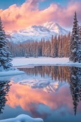 Obraz premium Beautiful majestic landscape with snow covered forest and lake