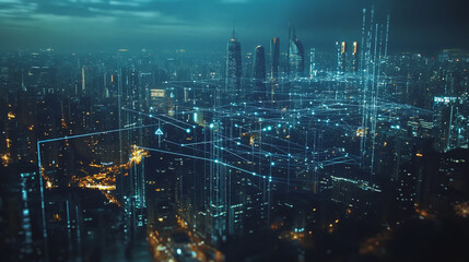 Obraz premium Smart digital Innovation city with connection network reciprocity over the twilight cityscape. of future smart wireless digital city and social media networking systems that connects people with city