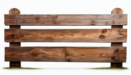 Obraz premium a rustic wooden fence with three horizontal planks and sturdy vertical posts showcasing a weathered texture isolated on a white background perfect for rural or farm themed projects