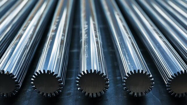 Parallel shiny metal cylinders with gear shaped ends lying on a dark surface, suggesting an industrial manufacturing process for mechanical components