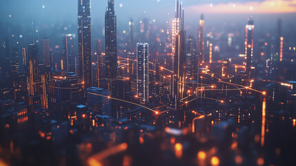 Fototapeta premium Smart digital Innovation city with connection network reciprocity over the twilight cityscape. of future smart wireless digital city and social media networking systems that connects people with city