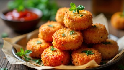 Crispy cheese croquettes piled high on plate garnished with fresh herbs. Bowl of dipping sauce beside. Delicious snack perfect for satisfying appetizer tasty treat. Croquettes golden brown, look